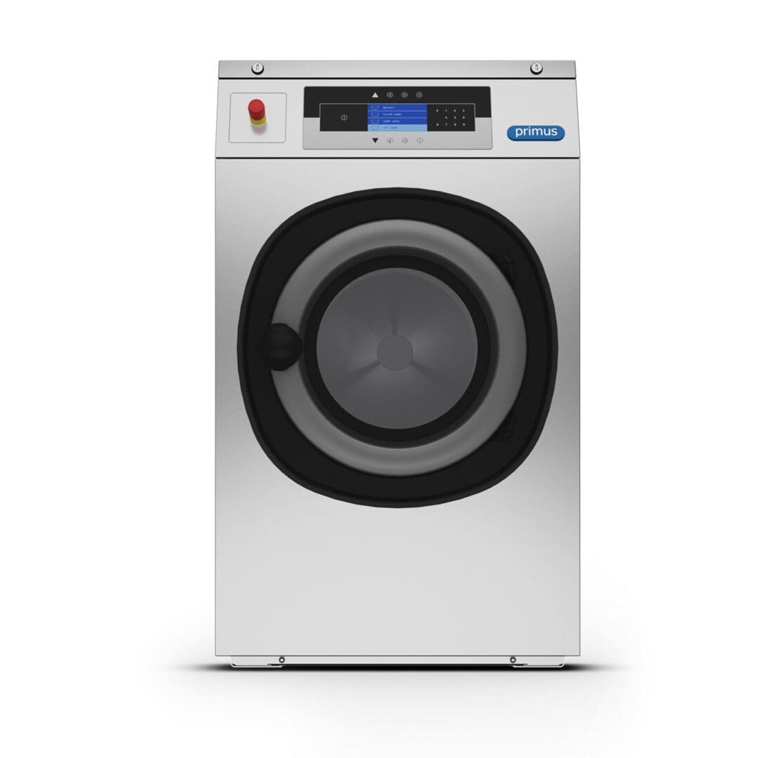 Commercial washing machine with digital control panel.
