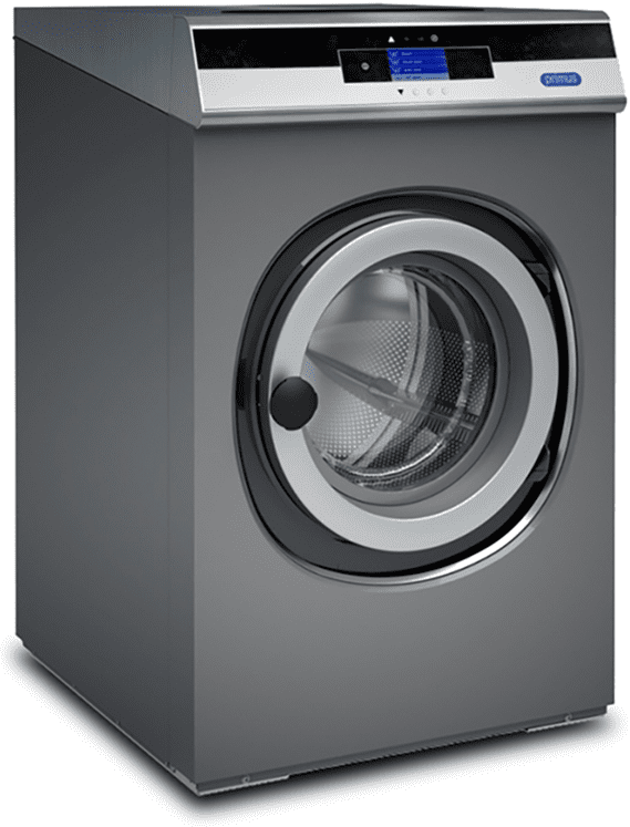 Silver front-loading washing machine with digital display.