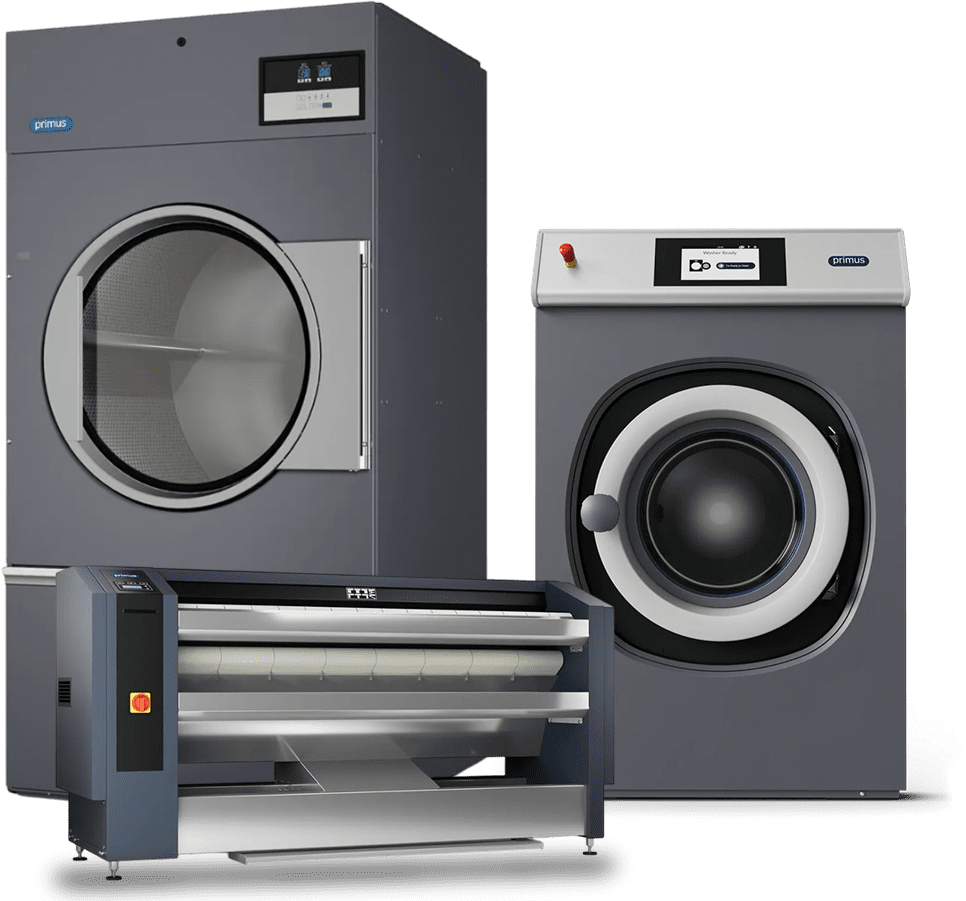 Two modern front-loading washing machines and a drawer unit.
