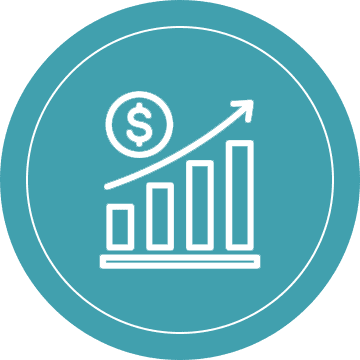 A white line graph with an upward trend and dollar sign on teal background.