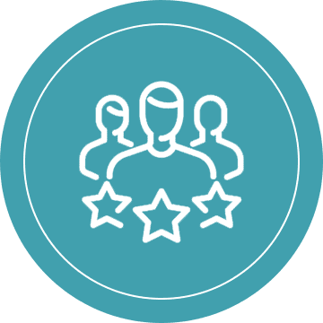 Icon showing three people with stars, symbolizing rating or quality.