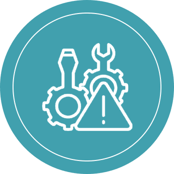 White line art icon of gears, wrench, and warning sign on teal background.