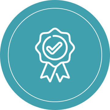 White award ribbon icon with check mark on teal background.