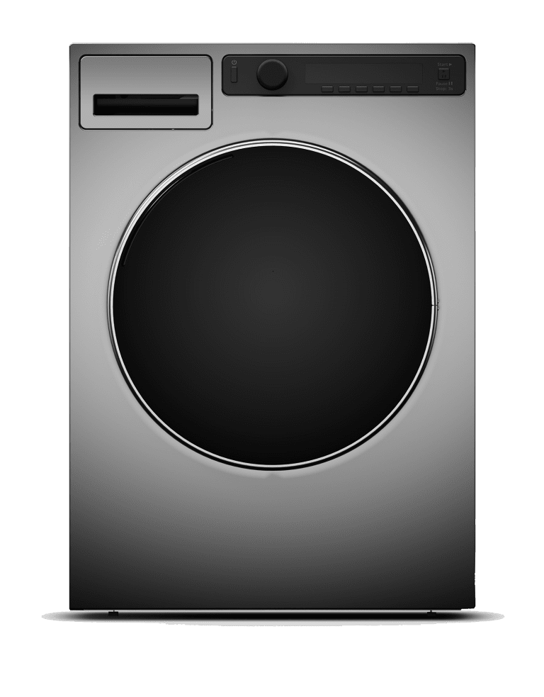 Silver front-loading washing machine, black background.
