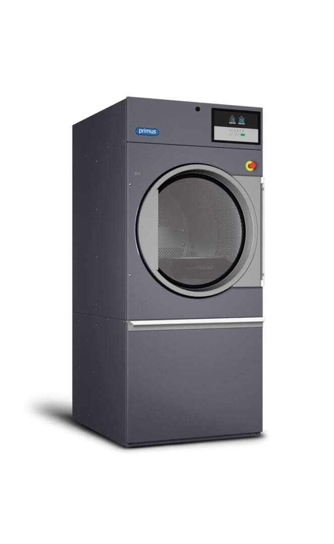Commercial laundry dryer machine on white background.