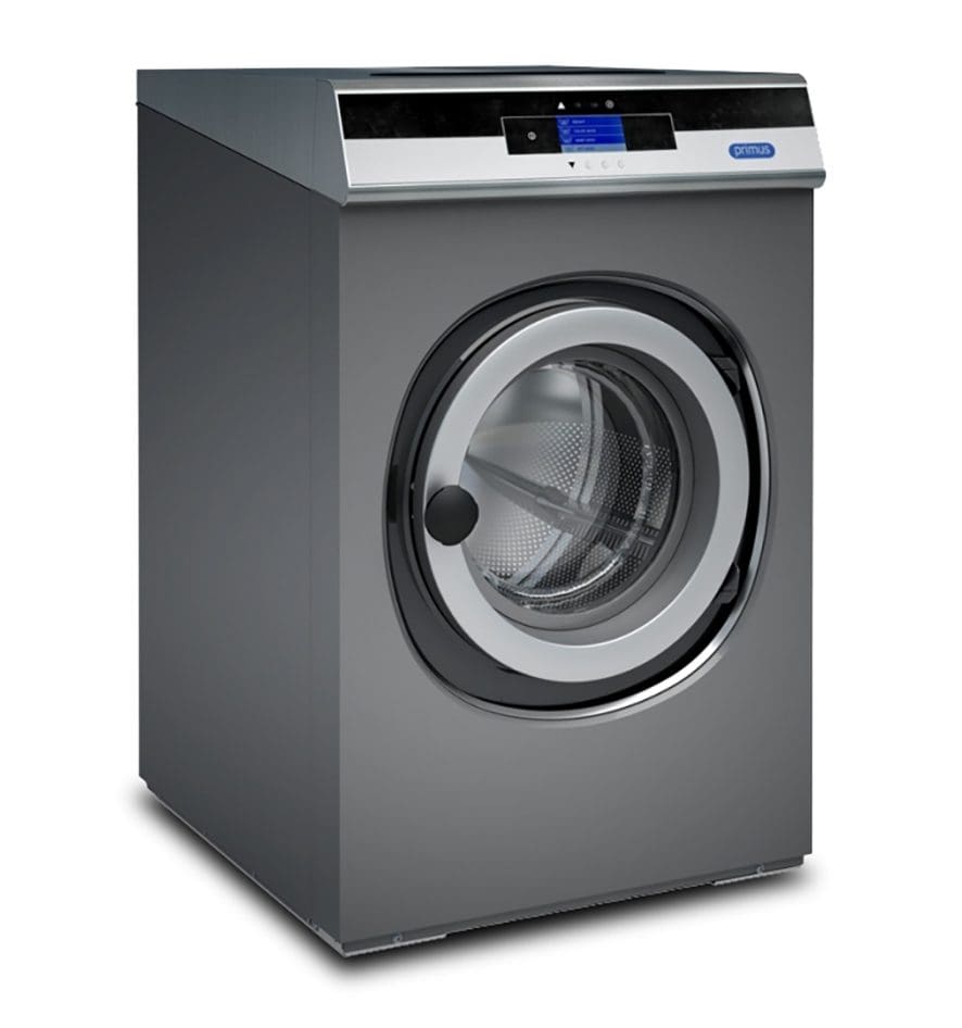 Front-loading silver washing machine with digital display.