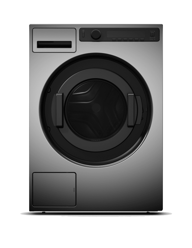 Front-loading silver washing machine on black background.