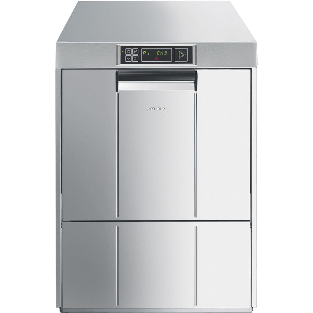 Stainless steel commercial dishwasher with digital display.