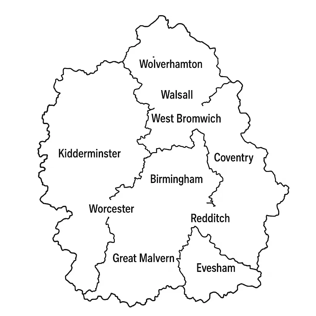 Map showing cities in the West Midlands, England.